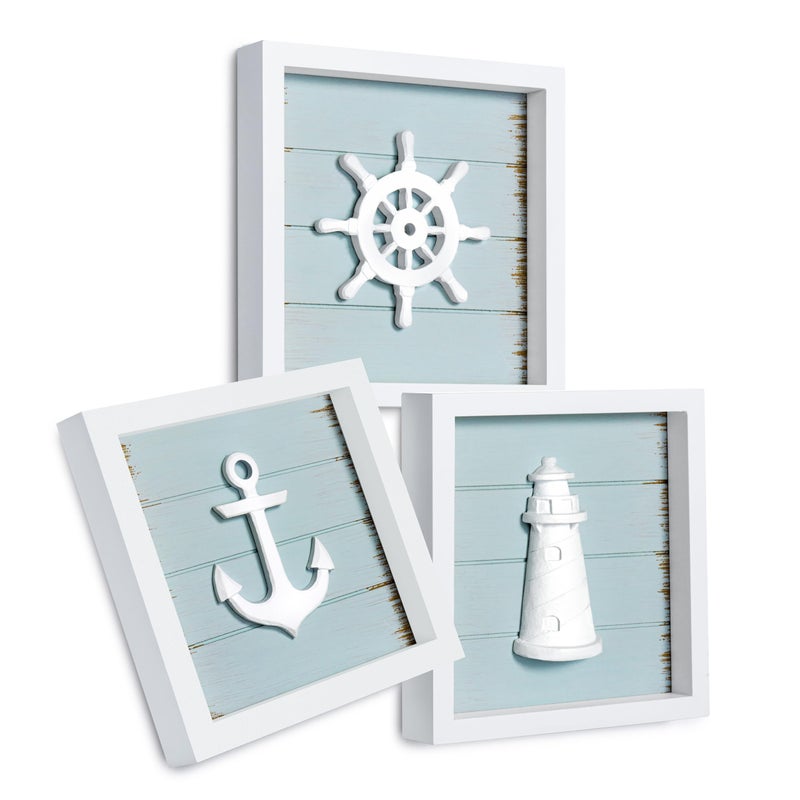 Tide and Tales TideAndTales 3D Nautical Wall Decor (7"x7"), Coastal Theme Home Decorations with Anchor, Lighthouse and Ship Wheel, Rustic Ocean Inspired Bathroom Decor - Nautical Gifts - Framed Set of 3 - Image 1